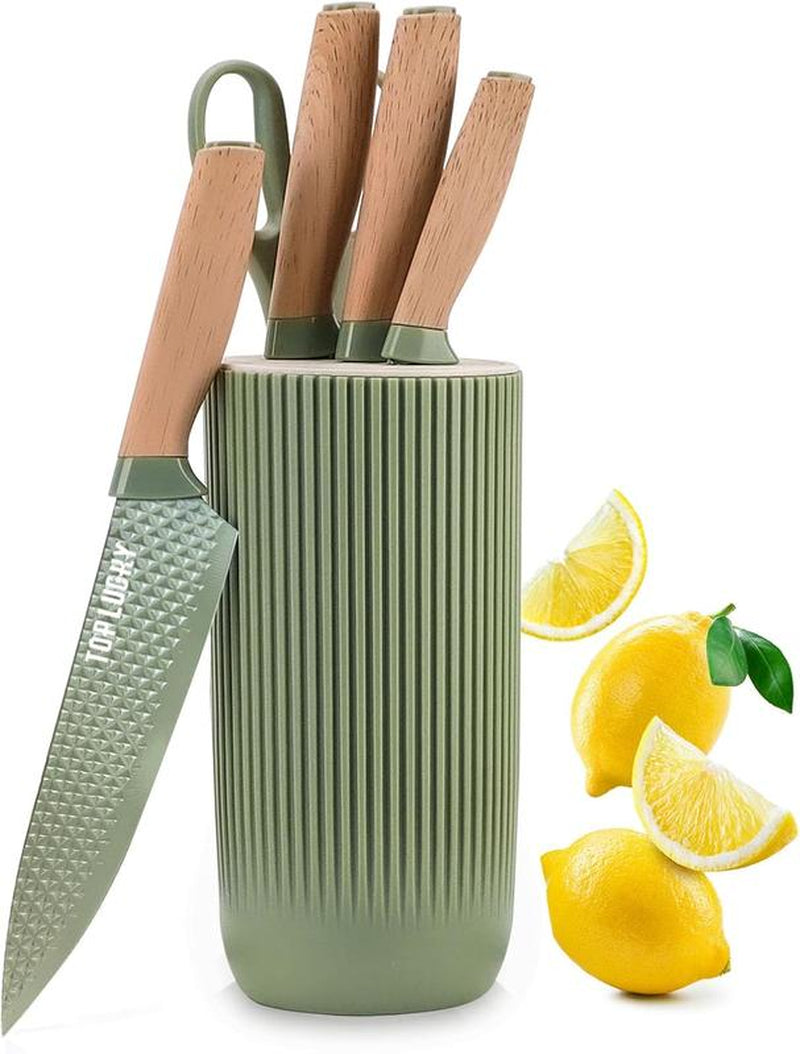 6-Piece Cooking Knife Set with round Knife Block, Sharp Stainless Steel Chef Knife with with Thousand Feather Blade, Professional Knifes for Home Restaurant Apartment Kitchen Kitchen Knives Wood Wooden