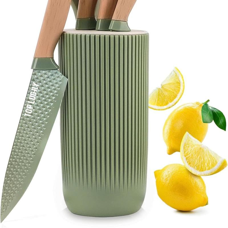 6-Piece Cooking Knife Set with round Knife Block, Sharp Stainless Steel Chef Knife with with Thousand Feather Blade, Professional Knifes for Home Restaurant Apartment Kitchen Kitchen Knives Wood Wooden