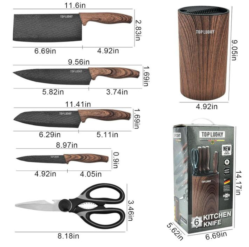6-Piece Cooking Knife Set with round Knife Block, Sharp Stainless Steel Chef Knife with with Thousand Feather Blade, Professional Knifes for Home Restaurant Apartment Kitchen Kitchen Knives Wood Wooden