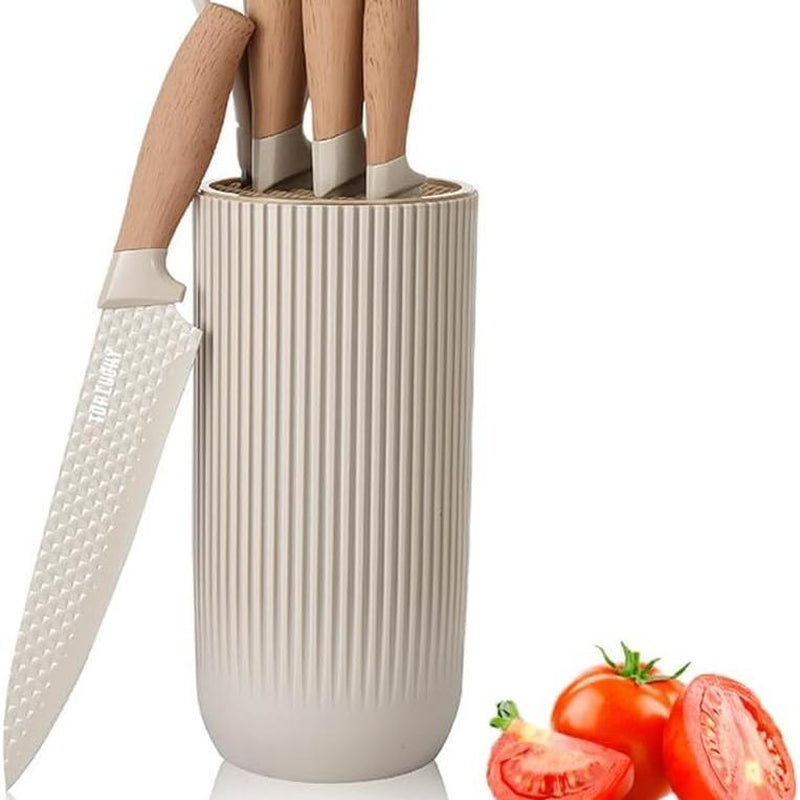 6-Piece Cooking Knife Set with round Knife Block, Sharp Stainless Steel Chef Knife with with Thousand Feather Blade, Professional Knifes for Home Restaurant Apartment Kitchen Kitchen Knives Wood Wooden