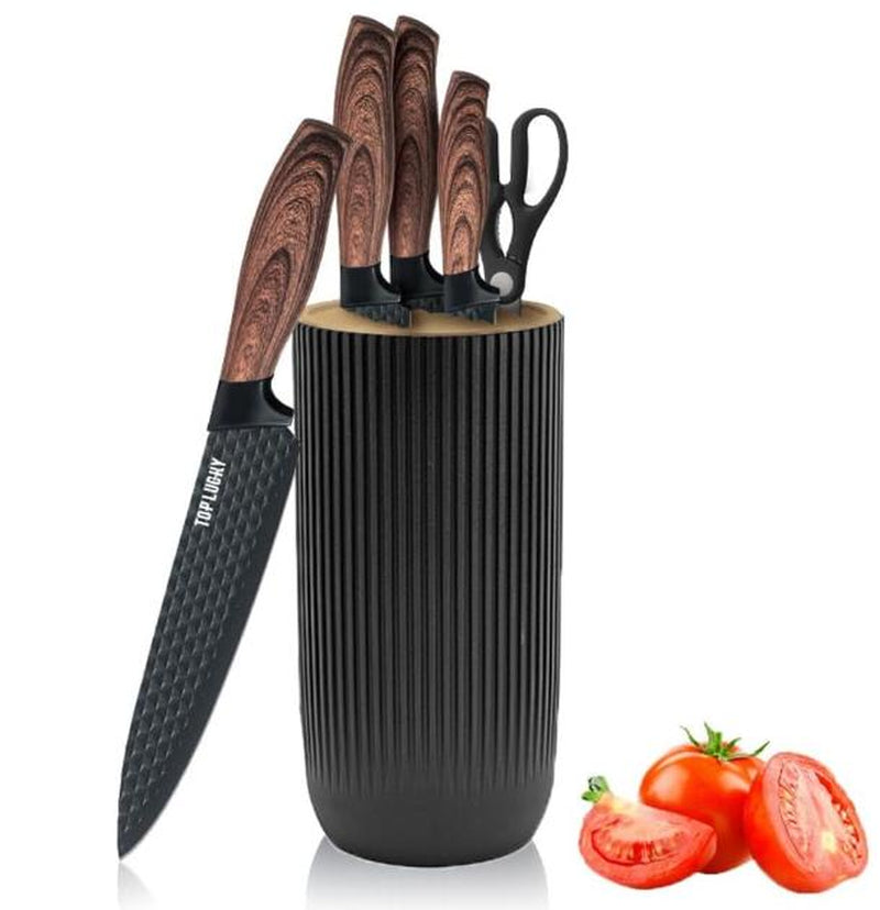 6-Piece Cooking Knife Set with round Knife Block, Sharp Stainless Steel Chef Knife with with Thousand Feather Blade, Professional Knifes for Home Restaurant Apartment Kitchen Kitchen Knives Wood Wooden