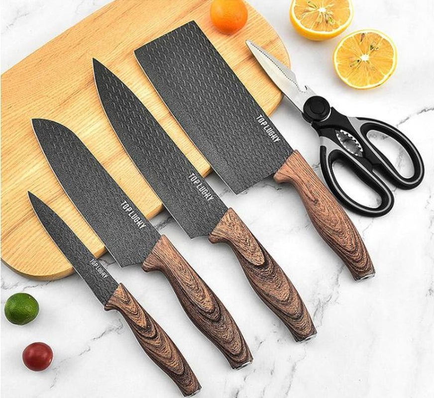 6-Piece Cooking Knife Set with round Knife Block, Sharp Stainless Steel Chef Knife with with Thousand Feather Blade, Professional Knifes for Home Restaurant Apartment Kitchen Kitchen Knives Wood Wooden