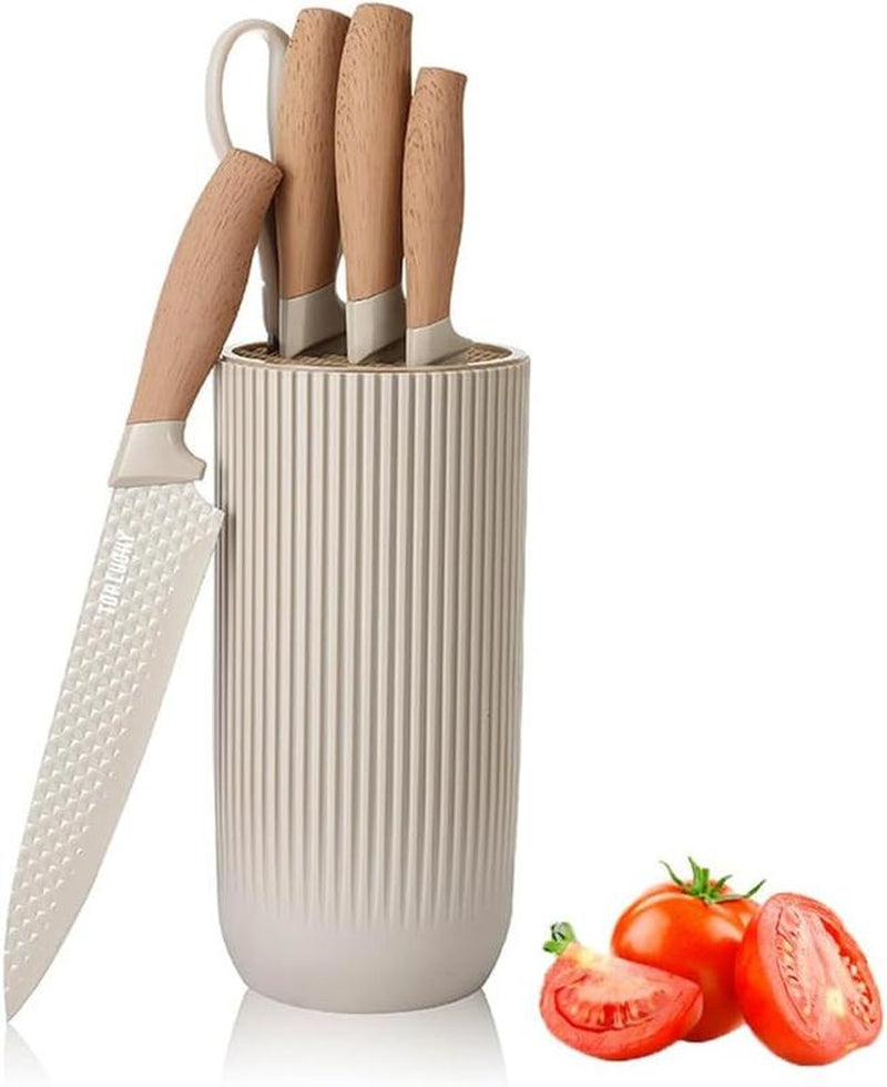6-Piece Cooking Knife Set with round Knife Block, Sharp Stainless Steel Chef Knife with with Thousand Feather Blade, Professional Knifes for Home Restaurant Apartment Kitchen Kitchen Knives Wood Wooden