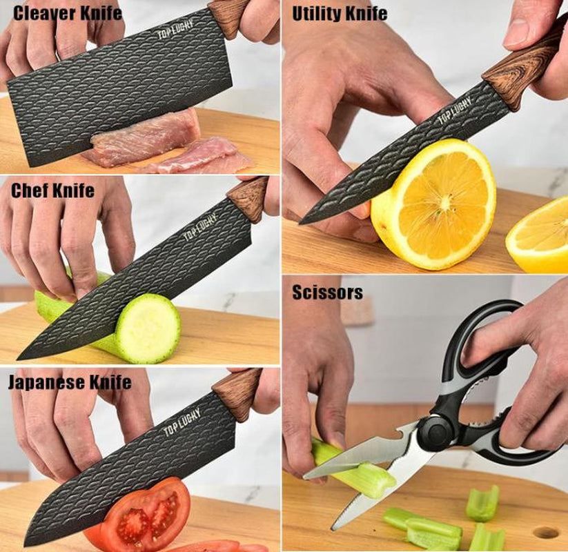 6-Piece Cooking Knife Set with round Knife Block, Sharp Stainless Steel Chef Knife with with Thousand Feather Blade, Professional Knifes for Home Restaurant Apartment Kitchen Kitchen Knives Wood Wooden