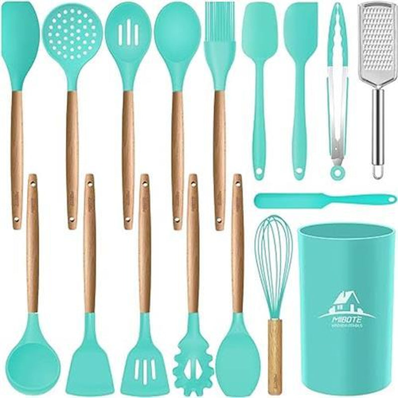 17 Pcs Silicone Cooking Kitchen Utensils Set with Holder, Wooden Handles Cooking Tool BPA Free Turner Tongs Spatula Spoon Kitchen Gadgets Set for Nonstick Cookware