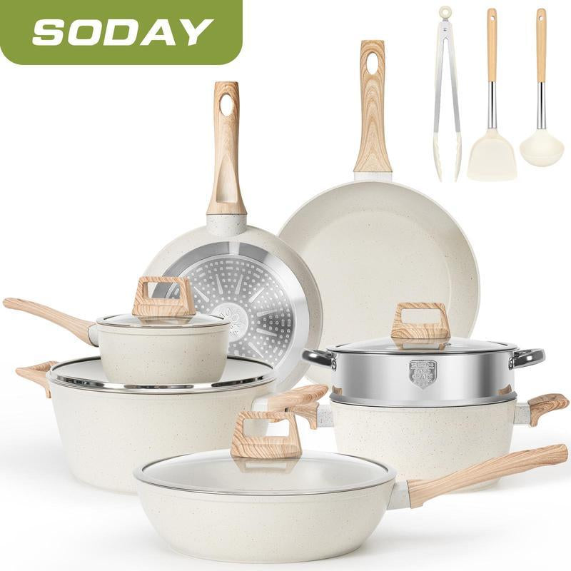 17Pcs Pots and Pans Set Non Stick Kitchen Cookware Sets Induction Cookware Nonstick Granite Cooking Set with Frying Pans, Saucepans, Steamer