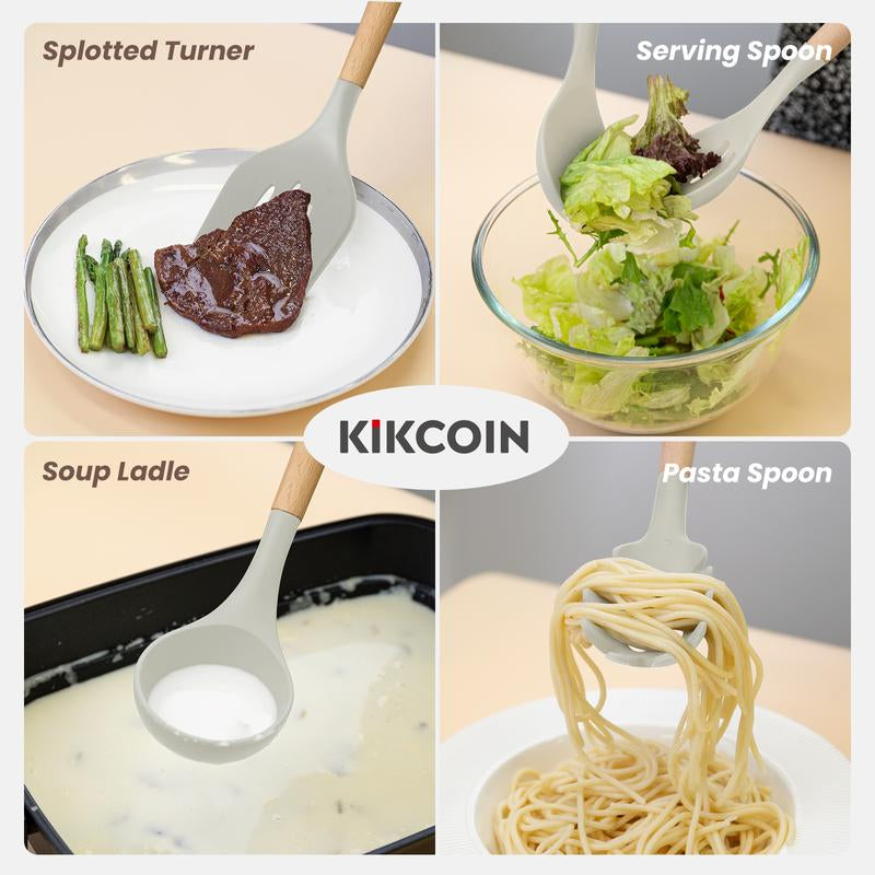 [Clearance-The Last Chance]23 PCS Kikcoin Kitchen Utensils Set,Wood Handle,Silicone Heat Resistant Cooking Gadgets for Nonstick Cookware,Turners,Tongs,Spatula