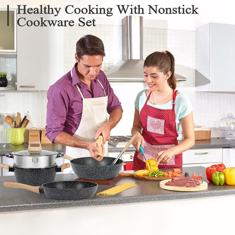 17Pcs Pots and Pans Set Non Stick Kitchen Cookware Sets Induction Cookware Nonstick Granite Cooking Set with Frying Pans, Saucepans, Steamer