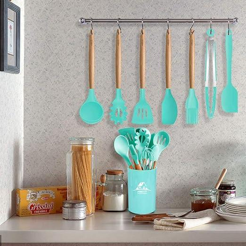17 Pcs Silicone Cooking Kitchen Utensils Set with Holder, Wooden Handles Cooking Tool BPA Free Turner Tongs Spatula Spoon Kitchen Gadgets Set for Nonstick Cookware