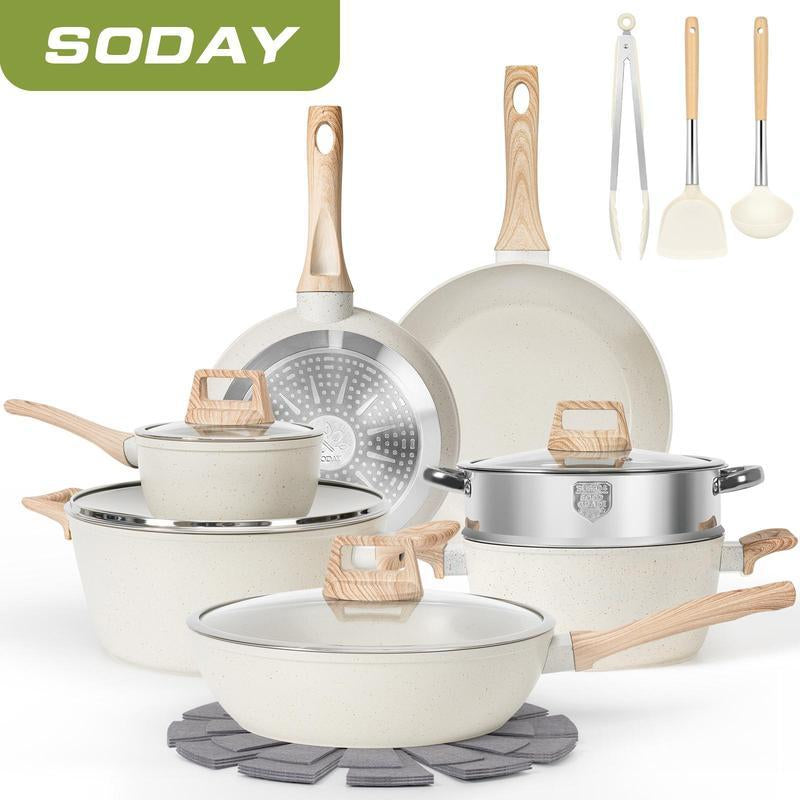 17Pcs Pots and Pans Set Non Stick Kitchen Cookware Sets Induction Cookware Nonstick Granite Cooking Set with Frying Pans, Saucepans, Steamer