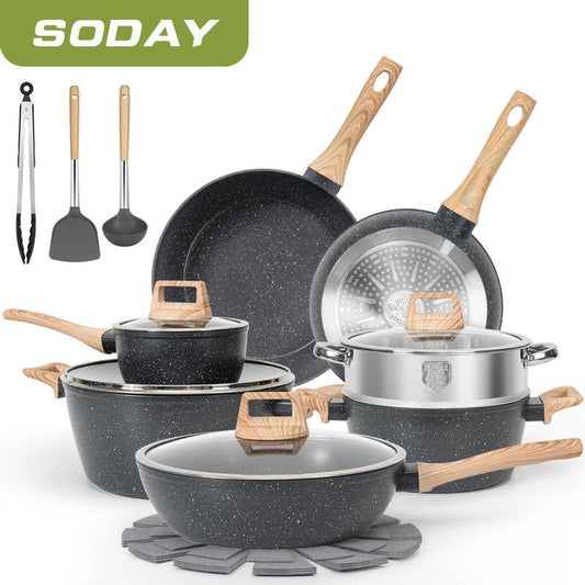 17Pcs Pots and Pans Set Non Stick Kitchen Cookware Sets Induction Cookware Nonstick Granite Cooking Set with Frying Pans, Saucepans, Steamer