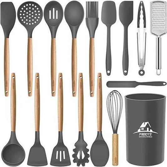 17 Pcs Silicone Cooking Kitchen Utensils Set with Holder, Wooden Handles Cooking Tool BPA Free Turner Tongs Spatula Spoon Kitchen Gadgets Set for Nonstick Cookware