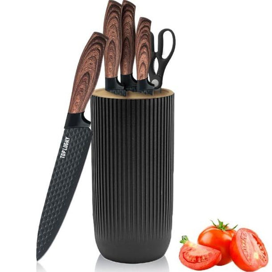 6-Piece Cooking Knife Set with round Knife Block, Sharp Stainless Steel Chef Knife with with Thousand Feather Blade, Professional Knifes for Home Restaurant Apartment Kitchen Kitchen Knives Wood Wooden