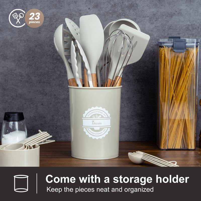 [Clearance-The Last Chance]23 PCS Kikcoin Kitchen Utensils Set,Wood Handle,Silicone Heat Resistant Cooking Gadgets for Nonstick Cookware,Turners,Tongs,Spatula