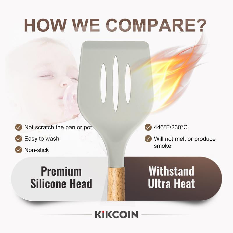 [Clearance-The Last Chance]23 PCS Kikcoin Kitchen Utensils Set,Wood Handle,Silicone Heat Resistant Cooking Gadgets for Nonstick Cookware,Turners,Tongs,Spatula