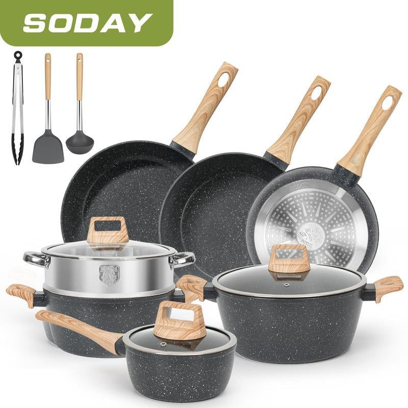 17Pcs Pots and Pans Set Non Stick Kitchen Cookware Sets Induction Cookware Nonstick Granite Cooking Set with Frying Pans, Saucepans, Steamer