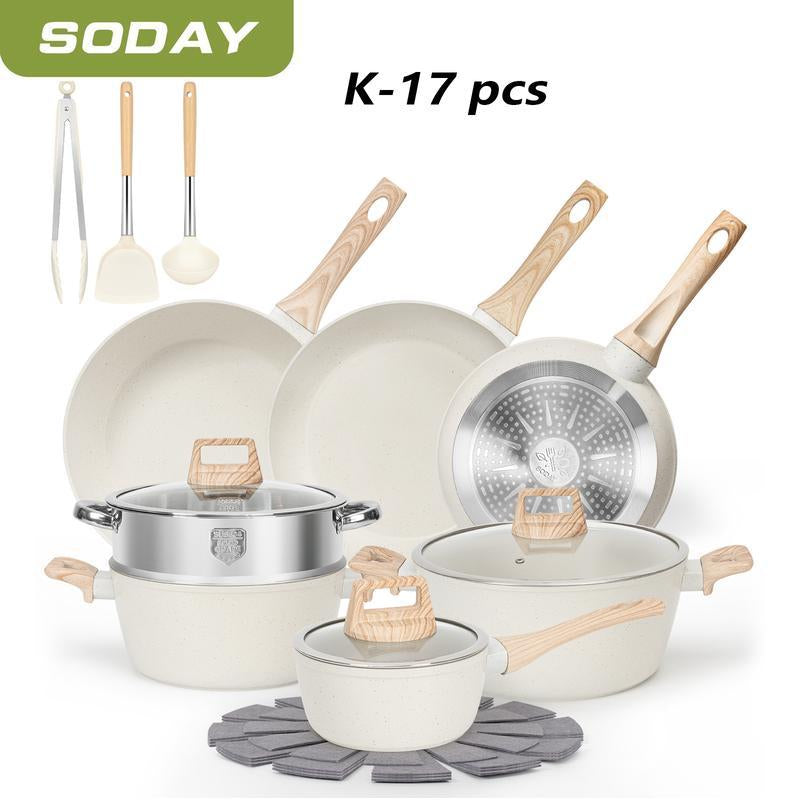 17Pcs Pots and Pans Set Non Stick Kitchen Cookware Sets Induction Cookware Nonstick Granite Cooking Set with Frying Pans, Saucepans, Steamer