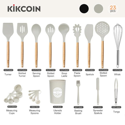 [Clearance-The Last Chance]23 PCS Kikcoin Kitchen Utensils Set,Wood Handle,Silicone Heat Resistant Cooking Gadgets for Nonstick Cookware,Turners,Tongs,Spatula