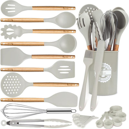 [Clearance-The Last Chance]23 PCS Kikcoin Kitchen Utensils Set,Wood Handle,Silicone Heat Resistant Cooking Gadgets for Nonstick Cookware,Turners,Tongs,Spatula