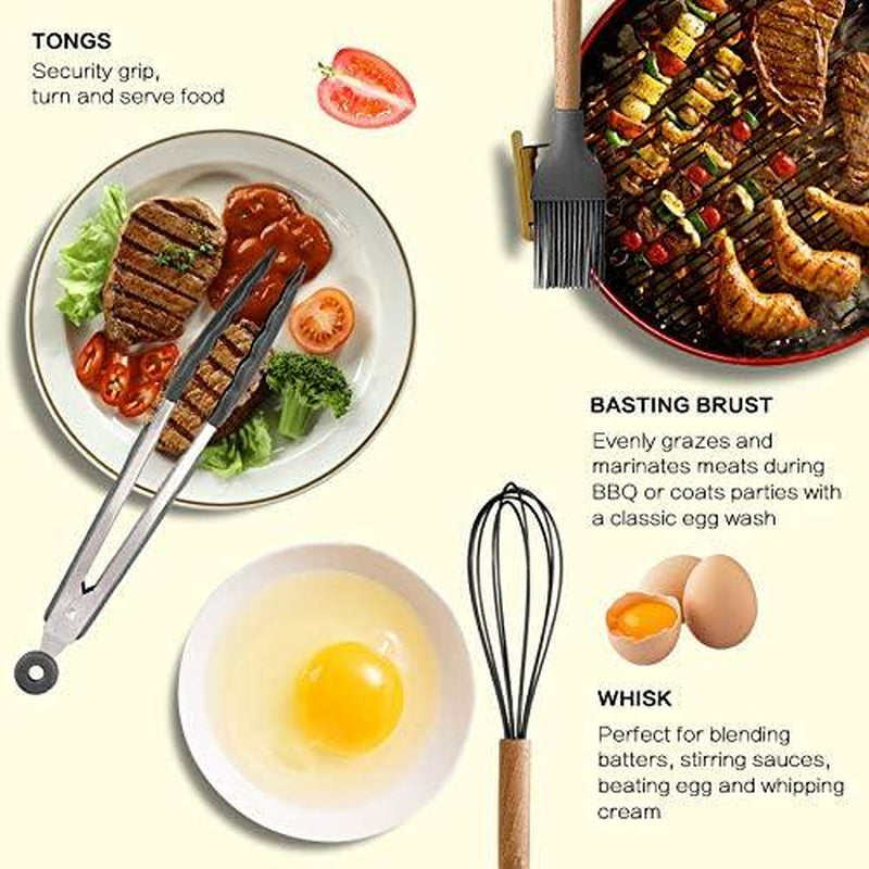 17 Pcs Silicone Cooking Kitchen Utensils Set with Holder, Wooden Handles Cooking Tool BPA Free Turner Tongs Spatula Spoon Kitchen Gadgets Set for Nonstick Cookware