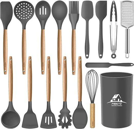 17 Pcs Silicone Cooking Kitchen Utensils Set with Holder, Wooden Handles Cooking Tool BPA Free Turner Tongs Spatula Spoon Kitchen Gadgets Set for Nonstick Cookware