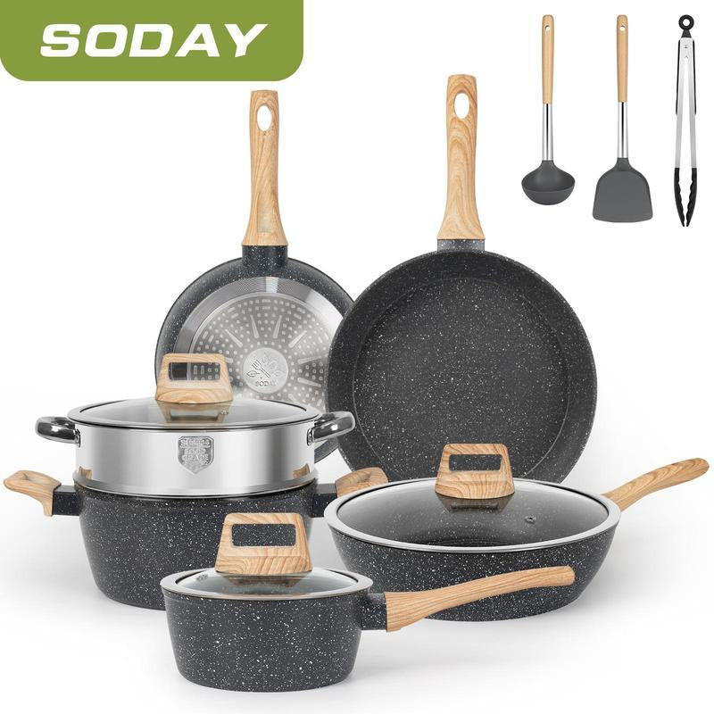 17Pcs Pots and Pans Set Non Stick Kitchen Cookware Sets Induction Cookware Nonstick Granite Cooking Set with Frying Pans, Saucepans, Steamer