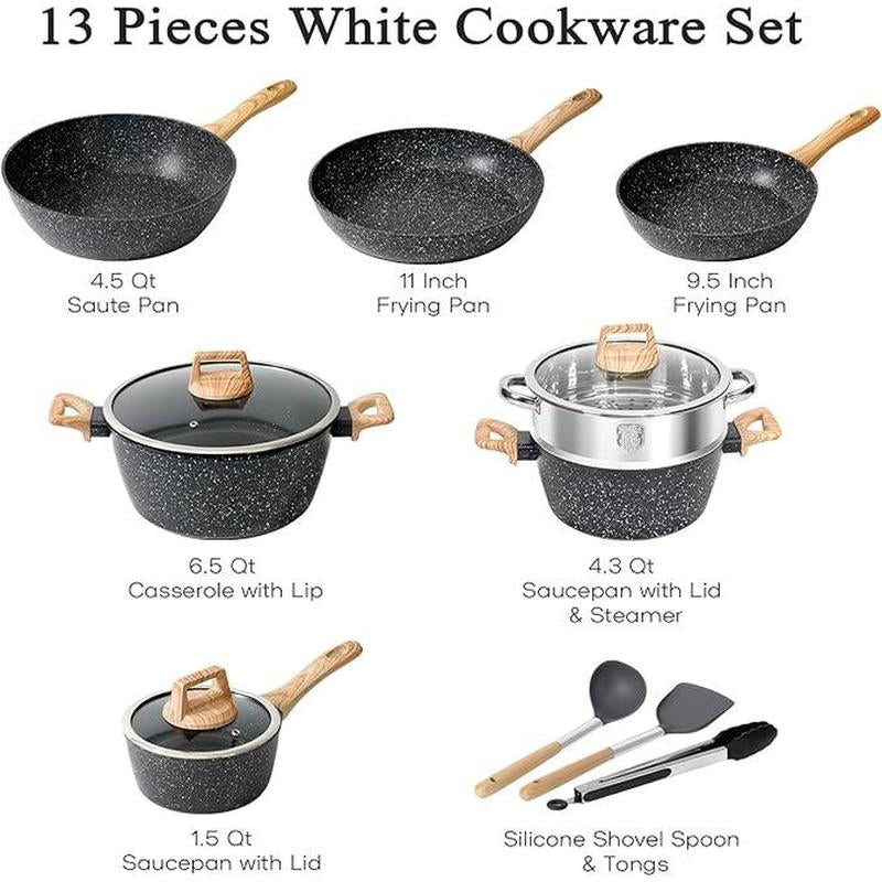 17Pcs Pots and Pans Set Non Stick Kitchen Cookware Sets Induction Cookware Nonstick Granite Cooking Set with Frying Pans, Saucepans, Steamer