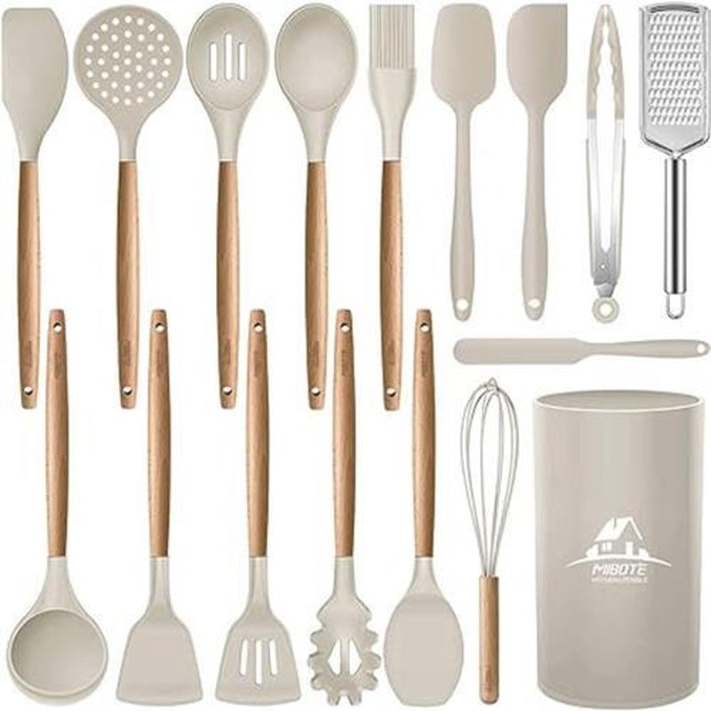 17 Pcs Silicone Cooking Kitchen Utensils Set with Holder, Wooden Handles Cooking Tool BPA Free Turner Tongs Spatula Spoon Kitchen Gadgets Set for Nonstick Cookware