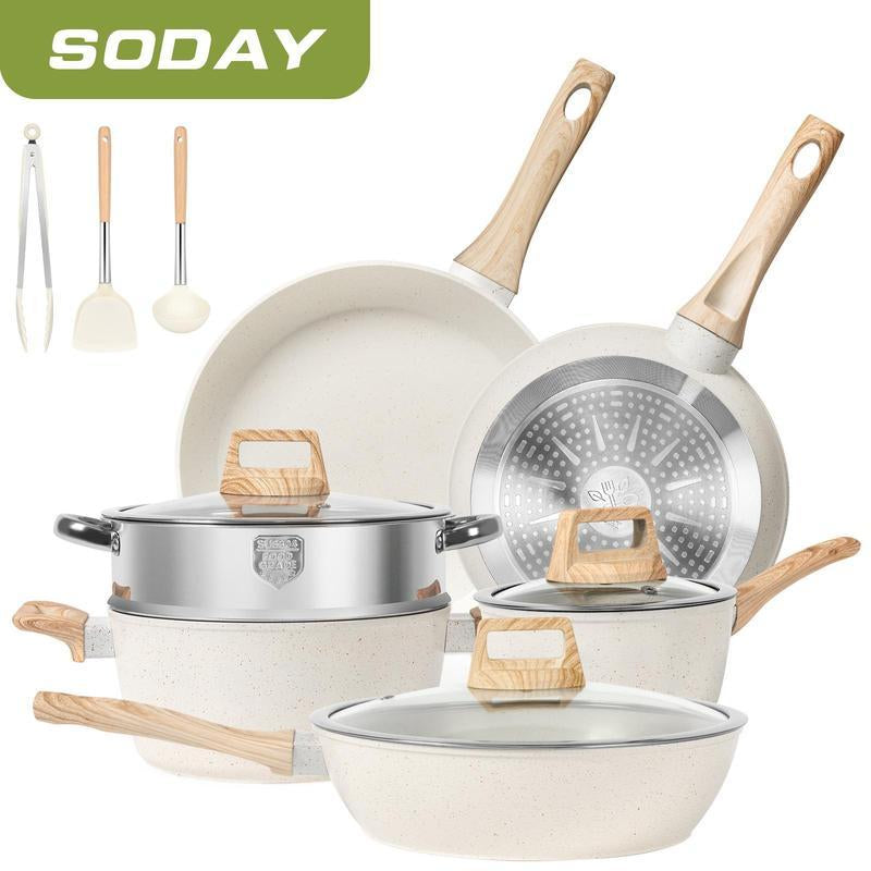 17Pcs Pots and Pans Set Non Stick Kitchen Cookware Sets Induction Cookware Nonstick Granite Cooking Set with Frying Pans, Saucepans, Steamer