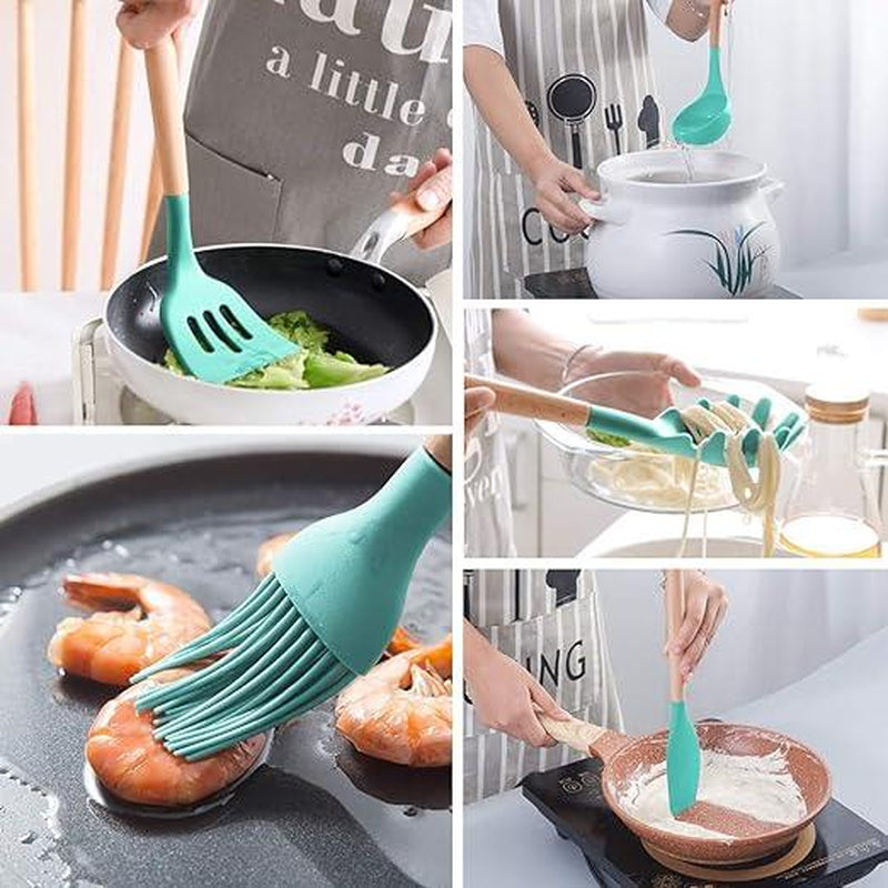 17 Pcs Silicone Cooking Kitchen Utensils Set with Holder, Wooden Handles Cooking Tool BPA Free Turner Tongs Spatula Spoon Kitchen Gadgets Set for Nonstick Cookware