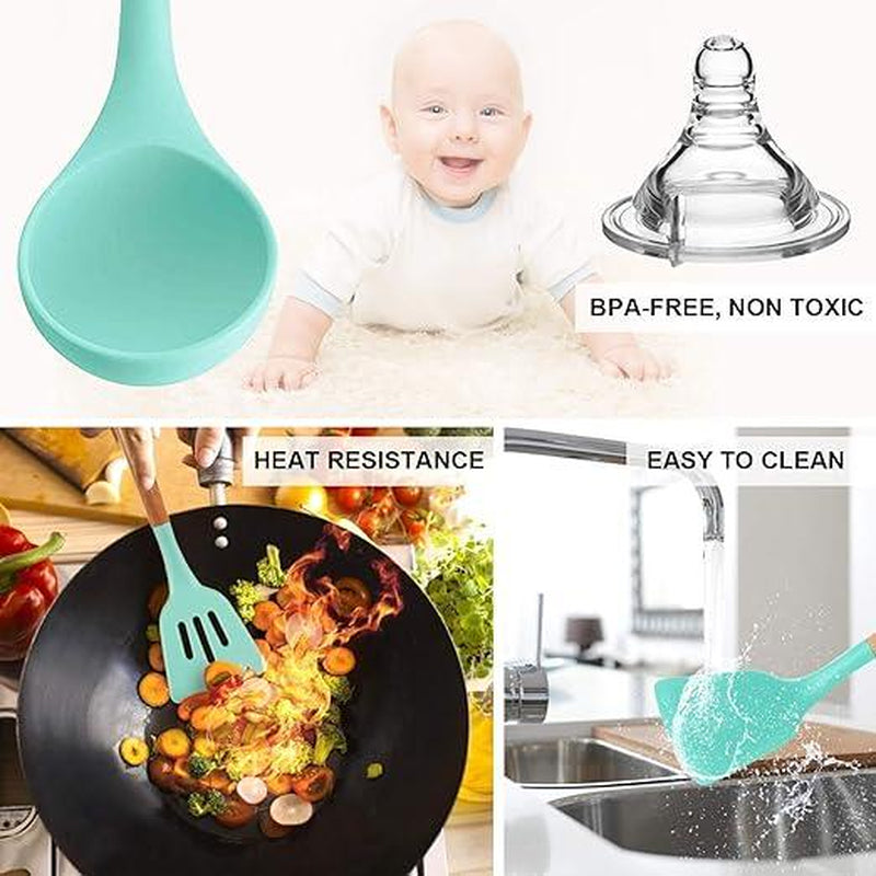 17 Pcs Silicone Cooking Kitchen Utensils Set with Holder, Wooden Handles Cooking Tool BPA Free Turner Tongs Spatula Spoon Kitchen Gadgets Set for Nonstick Cookware