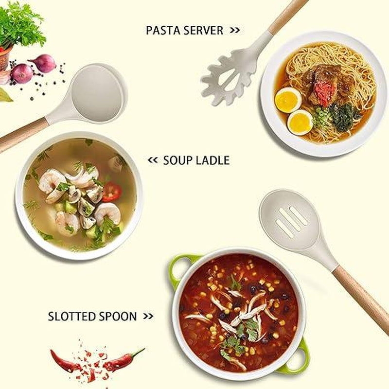 17 Pcs Silicone Cooking Kitchen Utensils Set with Holder, Wooden Handles Cooking Tool BPA Free Turner Tongs Spatula Spoon Kitchen Gadgets Set for Nonstick Cookware