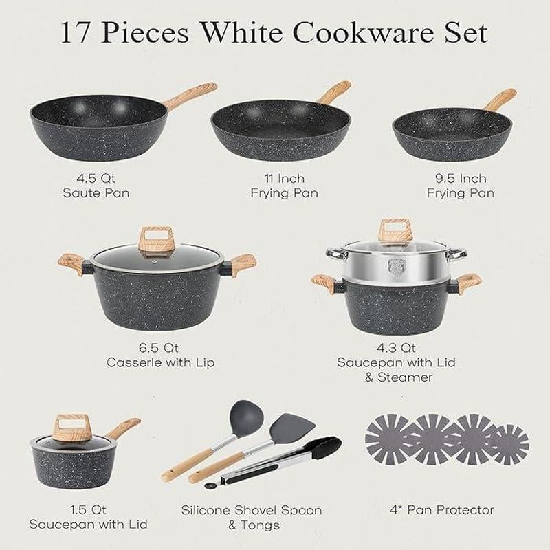 17Pcs Pots and Pans Set Non Stick Kitchen Cookware Sets Induction Cookware Nonstick Granite Cooking Set with Frying Pans, Saucepans, Steamer